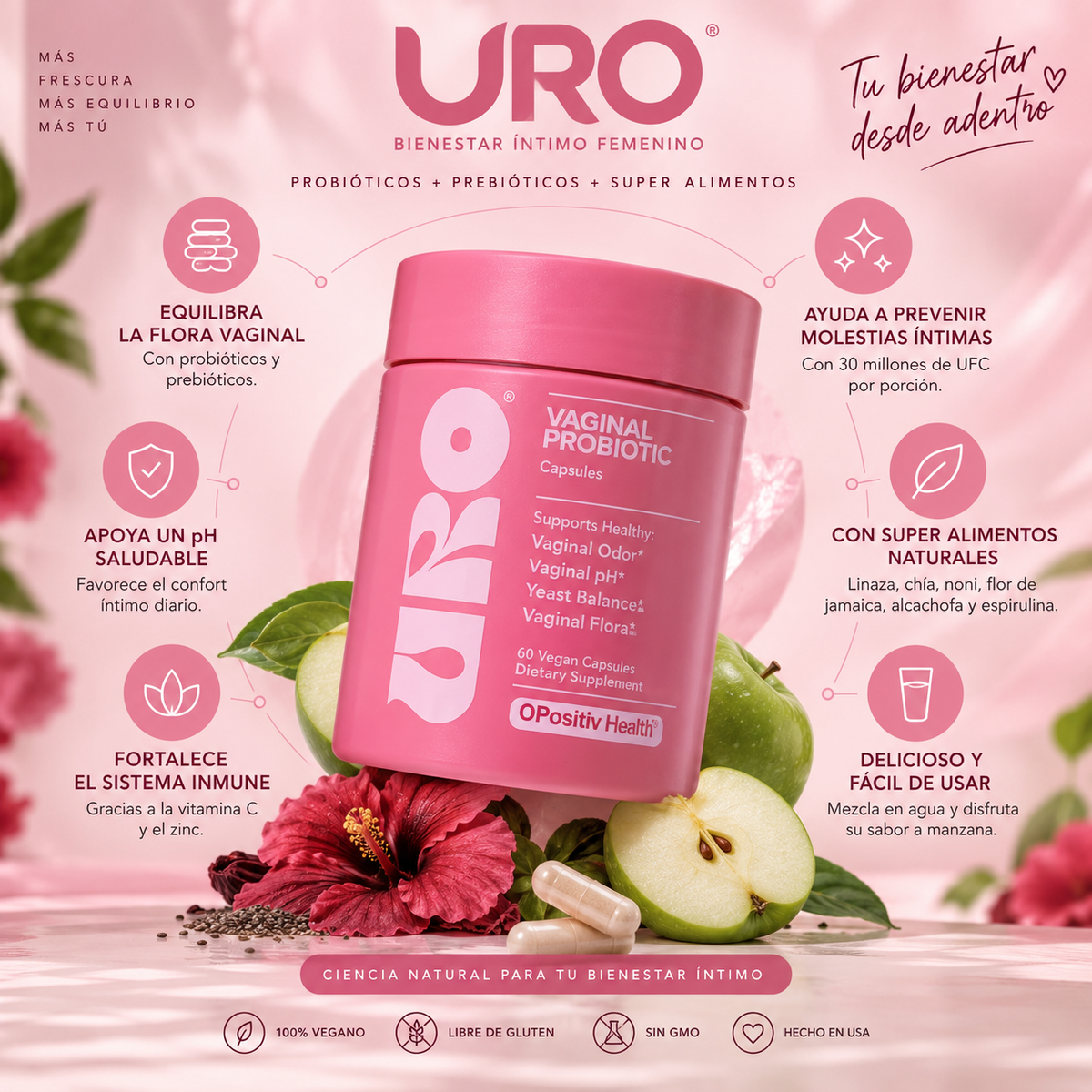 Uro Probioticos Vaginales 60 Caps: Equilibra tu flora vaginal y mejora tu bienestar íntimo.