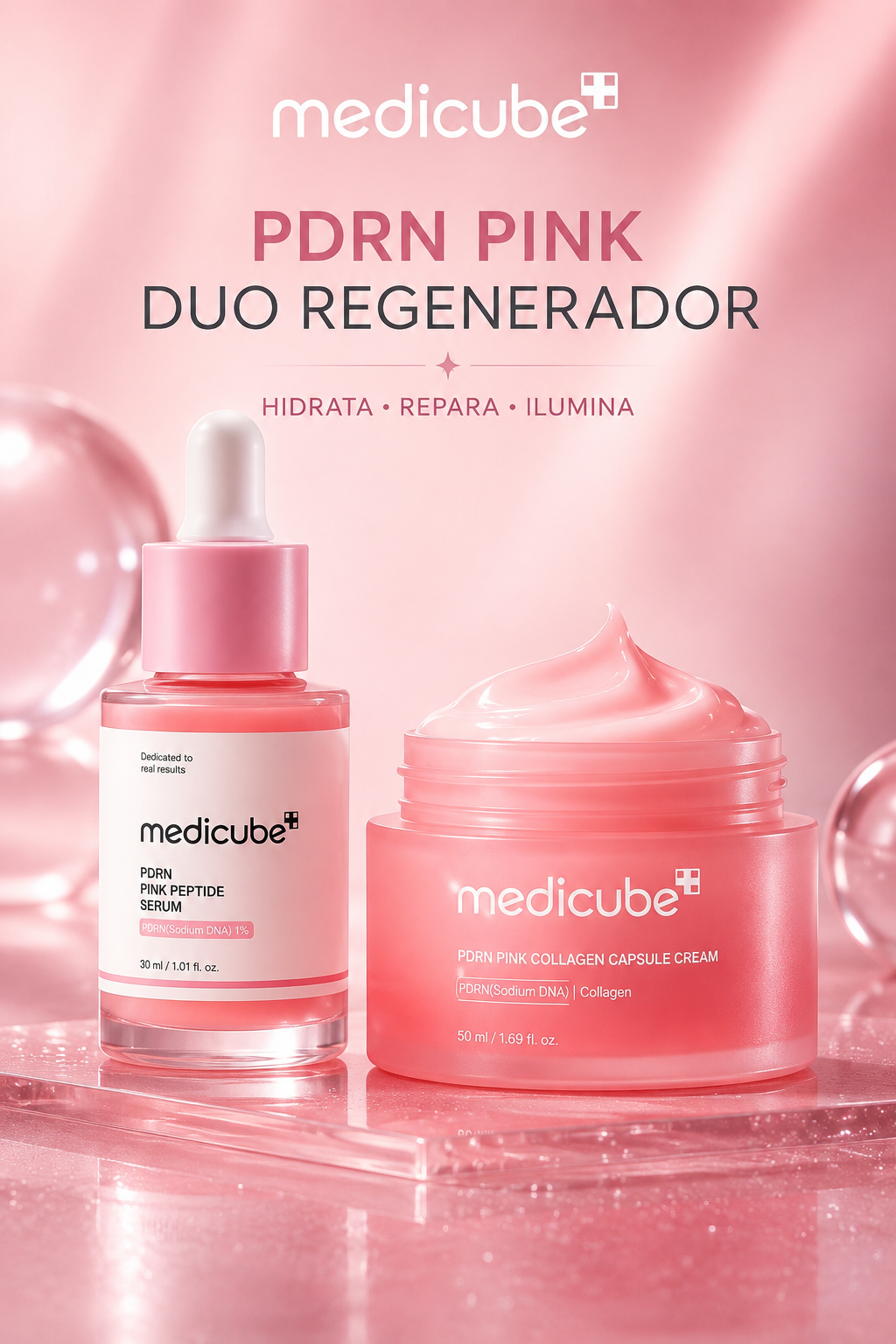 COMBO CREMA MEDICUBE Y SERUM DE PDRN, RUTINA COREANA EN 2 PASOS.